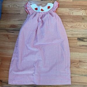 Charming Red and White Striped Gingham Dress With Watermelon Smocking